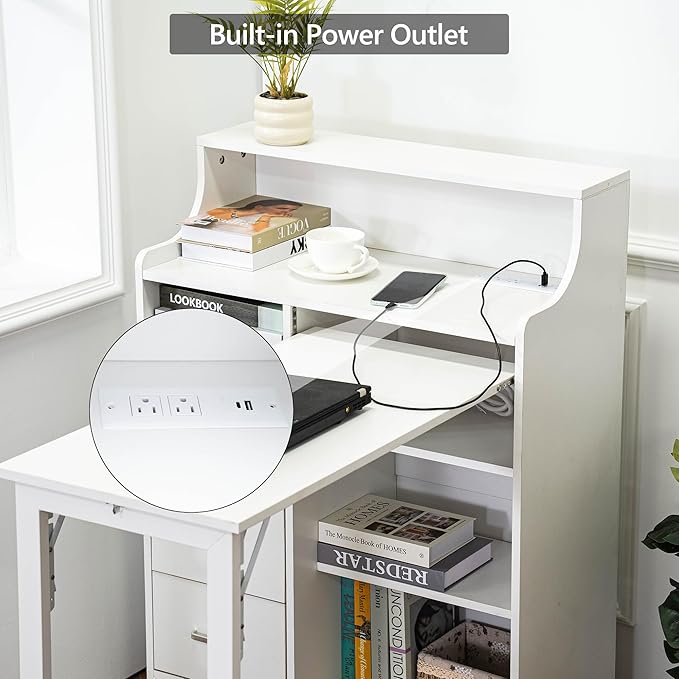 Folding Desk with Storage,Hidden Desk with Lockable Drawers & Shelves, Built-in Power Outlet,Fold Out Desk for Study and Home Office