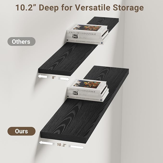 Vivelove 36 Inches Floating Shelves Wall Mounted, 10" Deep Wall Shelves for Bedroom, Bathroom, Living Room, Kitchen, Office, Home Decor, Modern Shelf, Set of 2, Black, 36x10.2x1.5