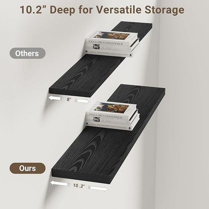 Vivelove 36 Inches Floating Shelves Wall Mounted, 10" Deep Wall Shelves for Bedroom, Bathroom, Living Room, Kitchen, Office, Home Decor, Modern Shelf, Set of 2, Black, 36x10.2x1.5