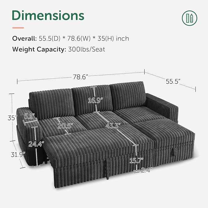 HONBAY Modular Sectional Sofa with Pull Out Bed,Corduroy L Shaped Sleeper Sofa with Storage, Sectional Couches for Living Room,Dark Grey