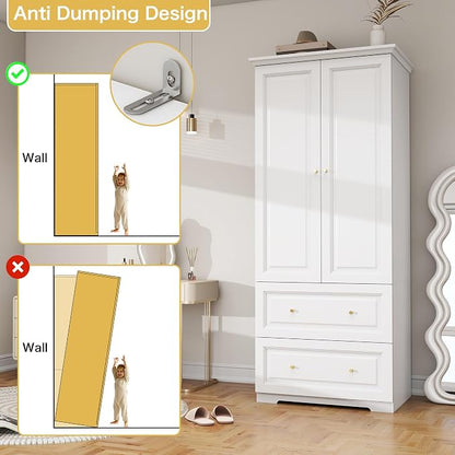 White Wardrobe with 2 Drawers: 74" Wooden Wardrobe Closet for Hanging Clothes, Tall Armoire Closet with 2 Doors, Bedroom Armoires with Hanging Rod (32")