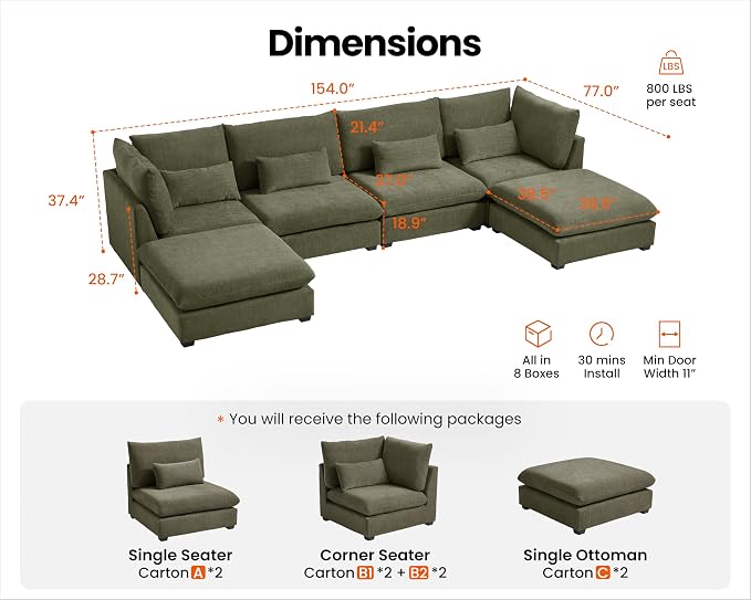 154" Oversized Chenille Couch Modular Sectional Sofa, Washable Cloud Couch Sectional with 2 Ottoman, 6 Seater Sectional Couches for Living Room, Fully Cover Removable, U Shaped, Chenille, Green