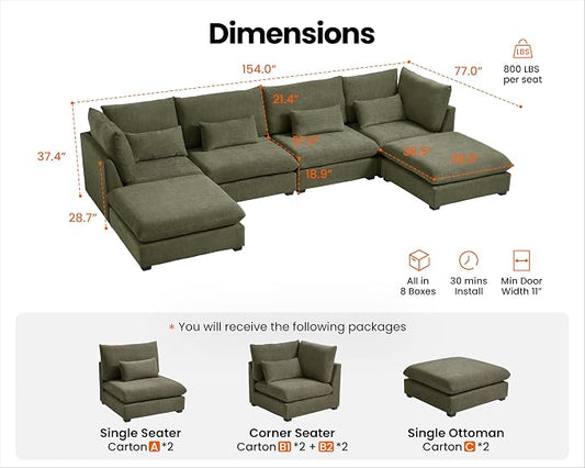 154" Oversized Chenille Couch Modular Sectional Sofa, Washable Cloud Couch Sectional with 2 Ottoman, 6 Seater Sectional Couches for Living Room, Fully Cover Removable, U Shaped, Chenille, Green