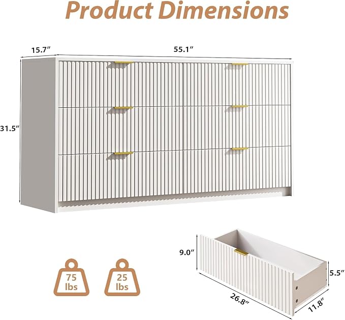 MAISONARIA 3-Piece Dresser Bedroom Set, 6 Drawer Dresser & 3 Drawer Dresser with Gold Handles, Fluted Wood Chest of Drawers for Bedroom, Living Room, Entryway, White