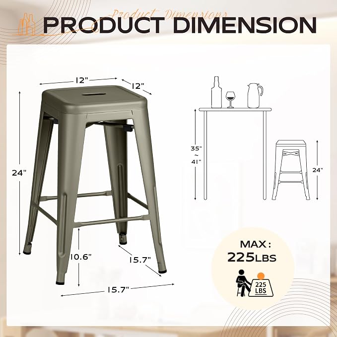 Furmax 24 Inch Metal Bar Stools Set of 4, Counter Height Bar Stools Height High Backless Stools Industrial Stackable Bar Chairs for Dining Room Kitchen Indoor Outdoor Stools Bar Chairs (Gun)