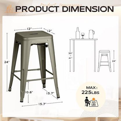 Furmax 24 Inch Metal Bar Stools Set of 4, Counter Height Bar Stools Height High Backless Stools Industrial Stackable Bar Chairs for Dining Room Kitchen Indoor Outdoor Stools Bar Chairs (Gun)