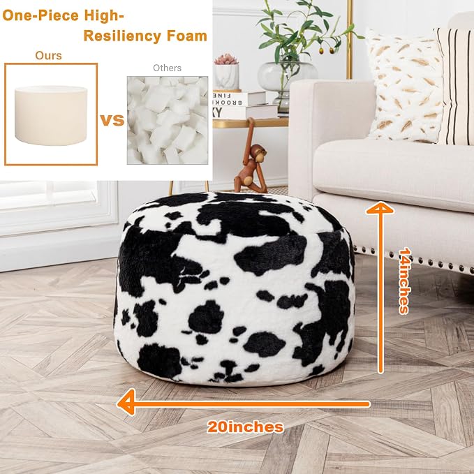 Round Pouf Ottoman 20 x 20 x 14 Inches Boho Poof Home Decor Floor Pouffe Ottoman Foot Rest for Couch Sofa Bean Bag Chairs Living Room Bedroom (Black White Cow Print)