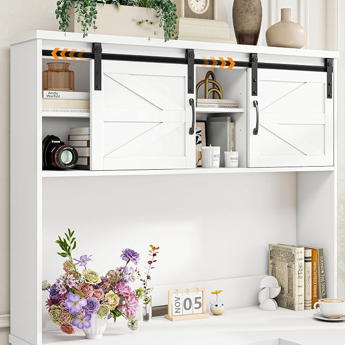Vabches Farmhouse 68" H L Shaped Desk with Hutch,Office Table with 3 Drawers and Sliding Doors, Executive Desk with File Drawers, Wood Workstation for Home Office and Study.Cream White