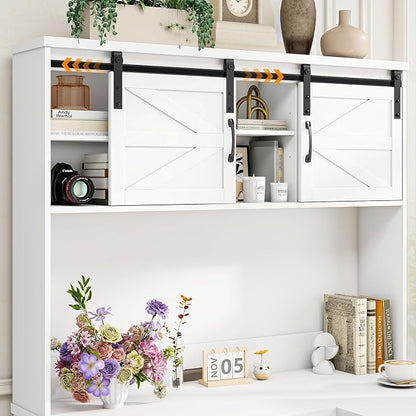Vabches Farmhouse 68" H L Shaped Desk with Hutch,Office Table with 3 Drawers and Sliding Doors, Executive Desk with File Drawers, Wood Workstation for Home Office and Study.Cream White