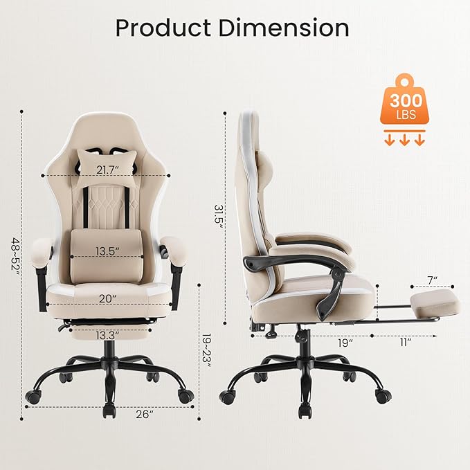 DUMOS Gaming Chair with Linkage Armrests, Video Game Chairs with Pocket Spring Cushion, Ergonomic Computer Silla Gamer Office Desk Chair with Footrest for Adults & Students, Light Brown