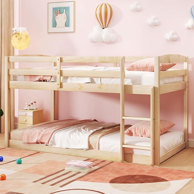 Giantex Twin Low Bunk Bed, Solid Wood Twin Over Twin Bunk Bed Frame with Full Guardrails & Integrated Ladder, Floor Twin Bunk Beds for Kids Boys and Girls, No Box Spring Needed, Natural