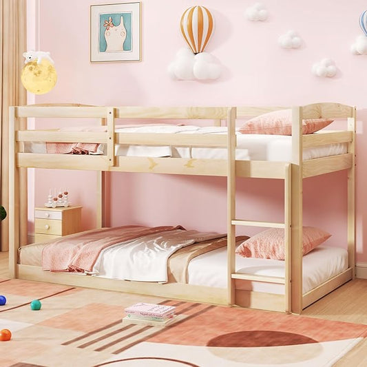 Giantex Twin Low Bunk Bed, Solid Wood Twin Over Twin Bunk Bed Frame with Full Guardrails & Integrated Ladder, Floor Twin Bunk Beds for Kids Boys and Girls, No Box Spring Needed, Natural