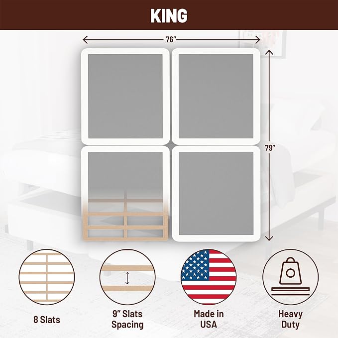 Treaton, 8-Inch Sturdy Wood Box Spring for Mattress Support - Durable and Fully Assembled, Natural Wood Foundation for King, White