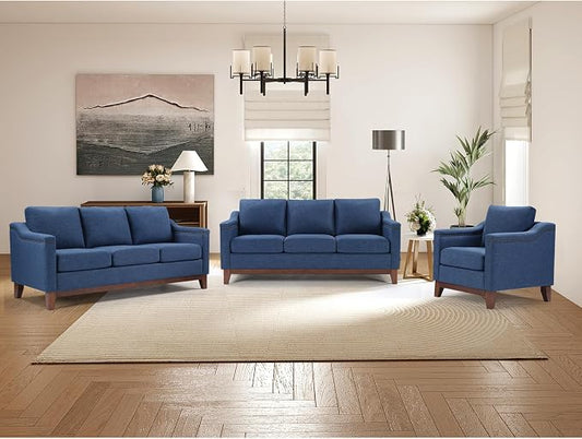 HAOMARKETS Modern 3 Piece Sofa Set with Rivets, Included Fabric Accent Chair, and Upholstered 3-Seater Couches Set of 2 with Solid Wood Legs, Living Room Furniture Set,Blue