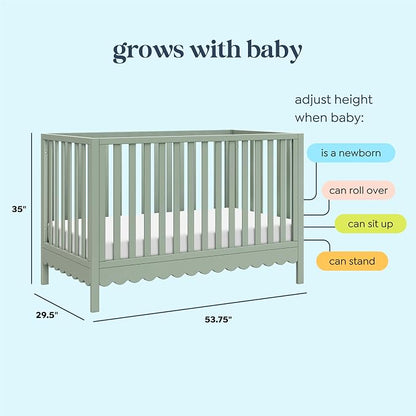 Davinci Sammy Scallop 4-in-1 Baby Crib & Mattress Bundle - Light Sage | Low-Profile Crib Convertible to Toddler Bed, Daybed, Full Bed - Easy to Assemble - Includes Mattress w/ Waterproof Cover