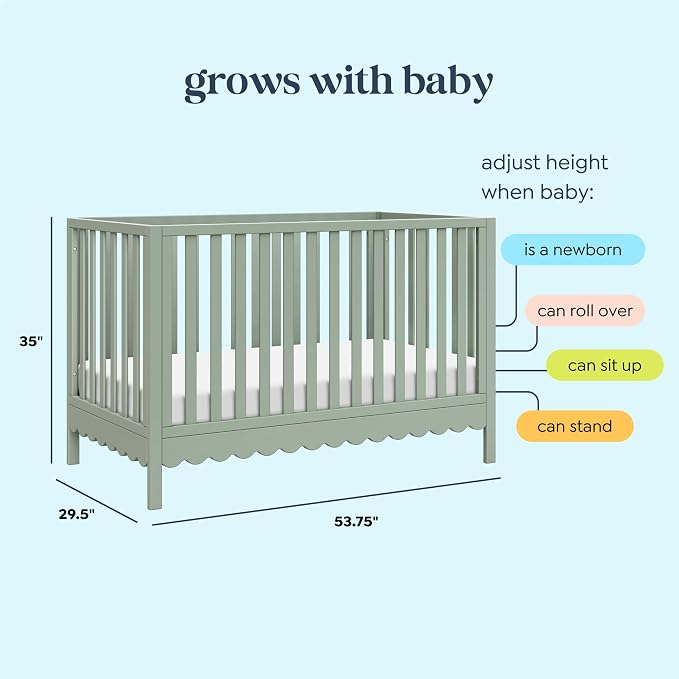 Davinci Sammy Scallop 4-in-1 Convertible Baby Crib, Light Sage | GREENGUARD Gold Certified, Converts to Toddler Bed & Daybed & Full-Size Bed, 4 Adjustable Mattress Heights - Easy to Assemble