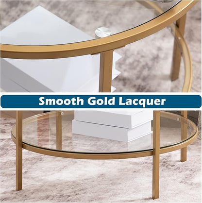 VINGLI 25.6" Round Gold Coffee Tables for Living Room, 2-Tier Glass Top Coffee Table with Storage Clear Coffee, Simple & Modern Center Table for Small Space
