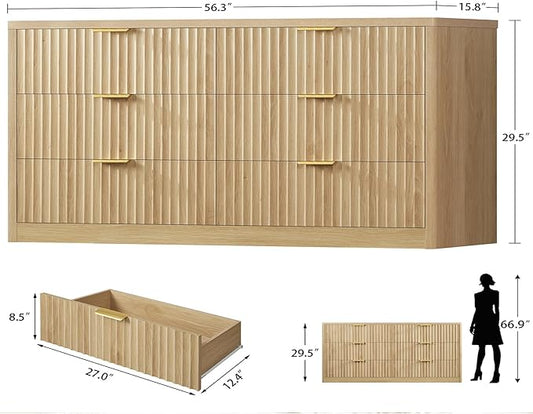 TEENFON 56.3'' Dresser for Bedroom with 6 Drawers, Dressers & Chest of Drawers with Curved Profile Design, 6 Drawer Dresser, Fluted Dressers, Wood Dressers for Bedroom, Living Room, Natural