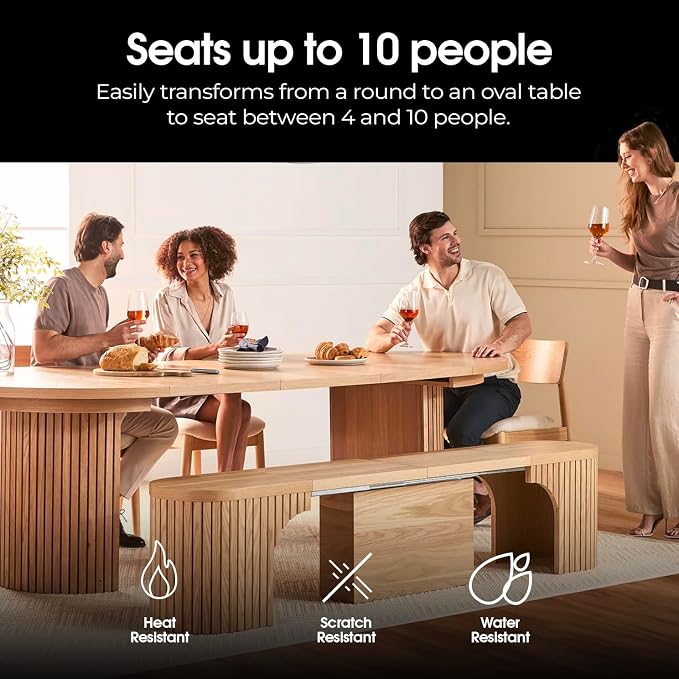 Transformer Table - Solid Wood Extendable Round Dining Table Set with Bench, Expandable Round Dining Set, Seats 4-10, Seat with Hidden Panel Storage, Natural (Table + Bench)