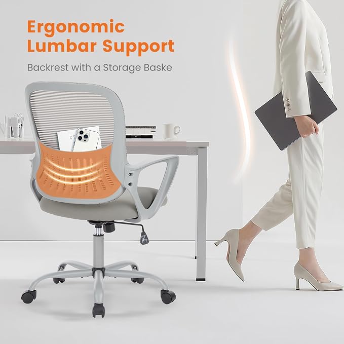 Sweetcrispy Home Office Managerial Executive Chair, Ergonomic Mesh Adjustable Swivel Mid-Back Chair with Comfortable Lumbar Support, Comfy Arms for Bedroom,Study,Student