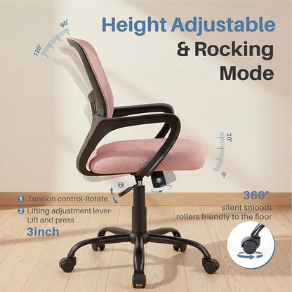 DUMOS Home Office Chair - Ergonomic Mid Back Mesh Desk Chair with Lumbar Support & Rocking Mode, Height Adjustable with Fixed Armrest, for Conference, Computer, 360° Swivel, Adults, Pink