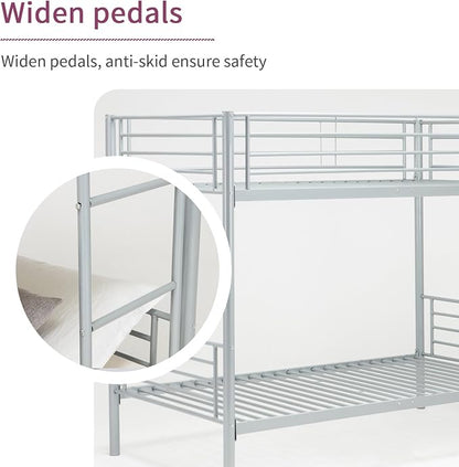 Metal Bunk Bed Twin Over Twin - with Removable Ladder and Guard Rail - Space Saving Design - Easy Assembly -Silver Grey