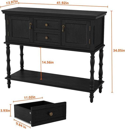ARTPOWER Console Table with 2 Drawers, Retro Entryway Table with 2 Door Cabinets and Open Storage Shelf, Narrow Long Behind Couch Sofa Table for Living Room, Foyer, Hallway, Black