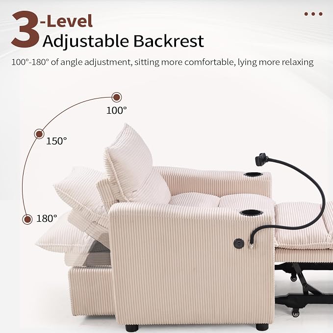 HAOMARKETS Corduroy Sleeper Sofa Bed with Cup Holders, 3-in-1 Convertible Pullout Futon Couch with Phone Holder&USB Charge Port, Single Armchair with 3-Level Adjustable Backrest for Apartment
