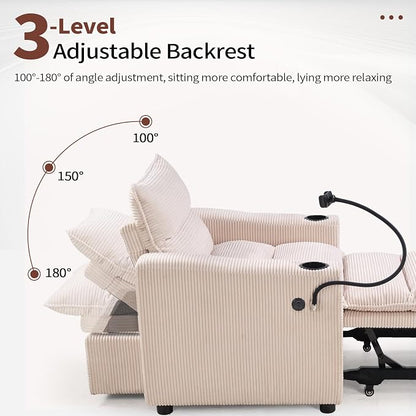 HAOMARKETS Corduroy Sleeper Sofa Bed with Cup Holders, 3-in-1 Convertible Pullout Futon Couch with Phone Holder&USB Charge Port, Single Armchair with 3-Level Adjustable Backrest for Apartment