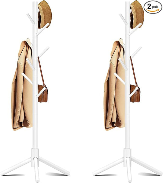 Coat Rack, Coat Racks Freestanding with 8 Hooks 3 Adjustable Heights for Clothes, Hats, Handbags, Coat Tree Easy Assembly for Entryway, Bedroom, Hallway, Office(White 2PCS)