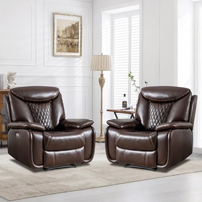 HAOMARKETS Electric Recliner Chair Set of 2, Soft PU Leather Power Recliners with Padded Backrest, Single Overstuffed Heavy Duty Reclining Sofa for Living Room Bedroom, Dark Brown