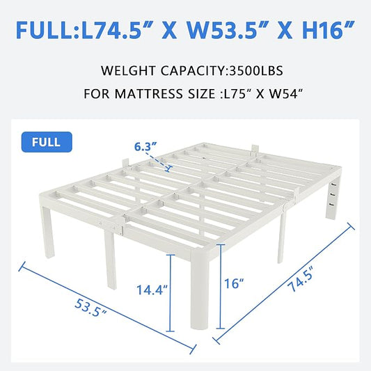 White Full Size Bed Frame 16 Inch, Metal Full Bed Frame No Box Spring Needed, Heavy Duty Steel Support 3500 LBS, DIY Headboard, Noiseless, Round Corner Legs, Storage Space, Easy Assembly