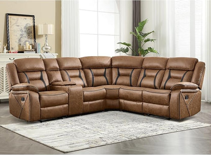 EBELLO Manual Reclining Sectional Sofa for Living Room, L-Shaped Sectional Corner Reclining Sectional Couches Home Furniture Set with Center Console, Hidden Cup Holders and Storage, Brown