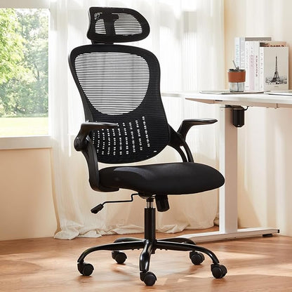 Ergonomic Office Chair, Comfy Desk Chair with Wheels, Adjustable Headrests, Flip-Up Armrests, Breathable Mesh High-Back, Comfortable Swivel Seating for Home Computer, Black