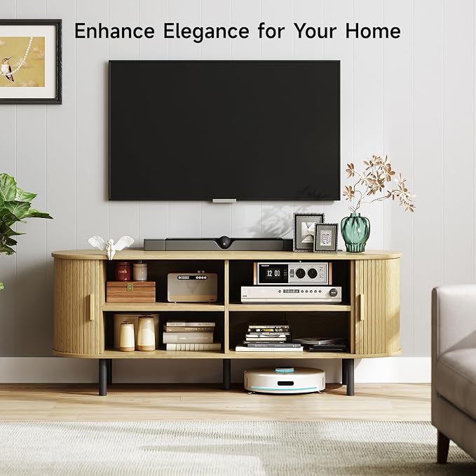 ONBRILL 63" TV Stand with Power Outlet for TVs up to 70 Inch, Entertainment Center with Storage and Adjustable Shelves, Modern Media Console with Sliding Doors for Living Room, Oak