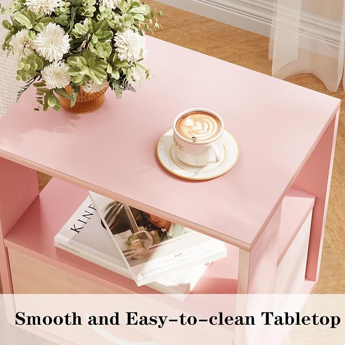 Huhote Kids Nightstand, 2-Tier Night Stand with Open Storage, Modern Side Table for Bedroom, Study Room, Small Spaces, Pink