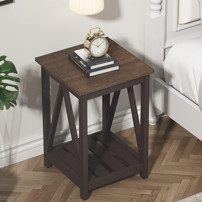 ChooChoo Farmhouse End Table, Rustic Vintage End Side Table with Storage Shelf for Small Spaces, Nightstand Sofa Table for Living Room, Bedroom Espresso 2 Pack