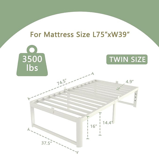 VYM 16 Inch Twin Size Bed Frames, Platform Bed with Metal Gaskets, Metal Bedframe No Box Spring Needed, DIY Headboard, Anti-Slip Mattress Stopper, Round Corner Leg, Easy Assembly, White