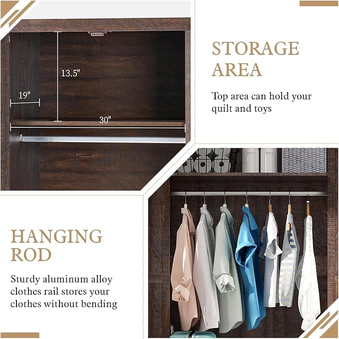 LUXOAK 70" Large Armoire Wardrobe Closet Set of 2 with Hanging Rod, Farmhouse Clothing Storage Cabinet with 4 Barn Doors, Wooden Tall Bedroom Armoires with Shelf, Espresso