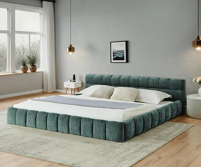 KEIKI California King Thick Chenille Platform Bed Frame with Upholstered Tufted Headboard, Modern Solid Wood Floor Platform for Bedroom, No Box Spring Needed
