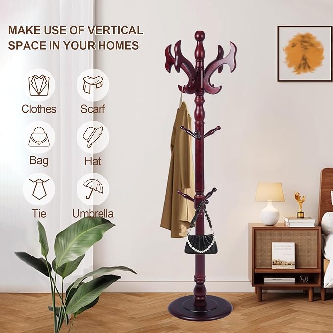 Wooden Coat Rack Freestanding with 14 Hooks, Adjustable Height Coat Tree Free Standing Heavy Duty for Entryway, Easy Assembly Solid Wood Sturdy Coat Hats Hanger Stand for Office Hallway Bedroom