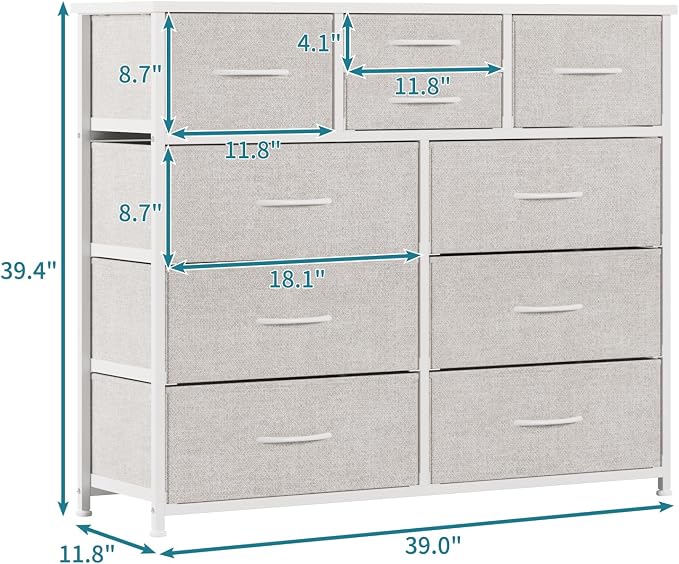 LUMTOK 10-Drawer Dresser, Fabric Storage Tower with Drawers for Bedroom, Dresser Drawer with Handle for Bedroom, Living Room, Hallway, Closets & Nurseryteel Frame, Wood Top (Light Grey)