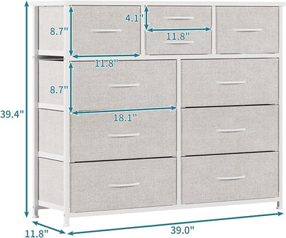 LUMTOK 10-Drawer Dresser, Fabric Storage Tower with Drawers for Bedroom, Dresser Drawer with Handle for Bedroom, Living Room, Hallway, Closets & Nurseryteel Frame, Wood Top (Light Grey)