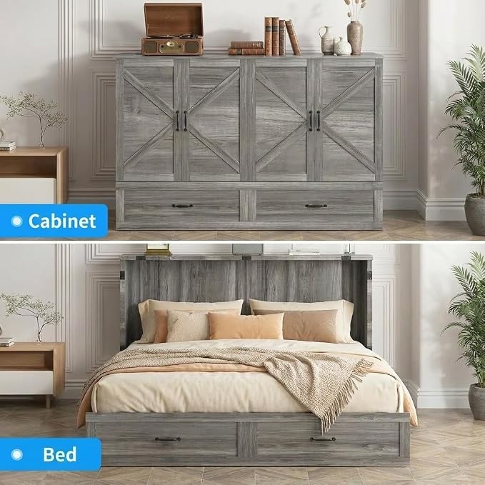 PUREMIND Queen Murphy Bed Cabinet, Bedroom Cabinet Beds with USB Charging Station, Murphy Chest Bed with Storage Drawers, Horizontal Wallbed for Guest Room Grey