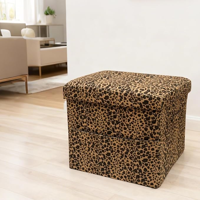 ALASDO Storage Ottoman Footrest Stool Small Ottoman with Storage Foldable Ottomans Foot Rest Footstool Bench for Living Room 17x13x13inches Leopard Print
