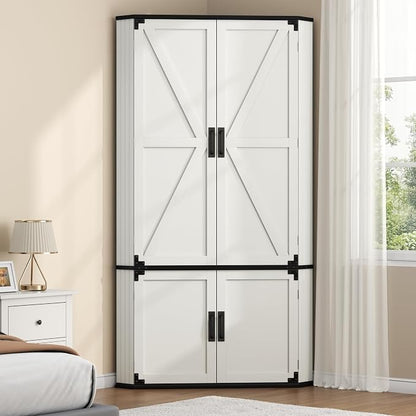Gyfimoie Corner Wardrobe Closet with Doors, 71" Tall Freestanding Armoire Cabinet with Hanging Rod, Farmhouse Corner Storage Cabinet for Bedroom, White Wooden Corner Closet Organizer for Small Space
