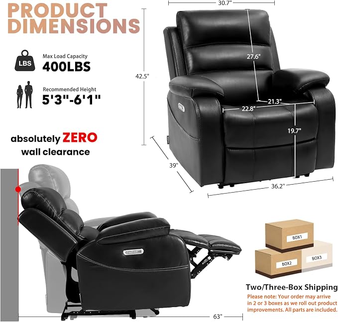 EONIX Power Zero Wall Hugger Power Recliner Chair for Small Space RV Living Room,Power Recliner with Massage and Heat, USB & USB-C Charging Ports, SXXY003992, Black