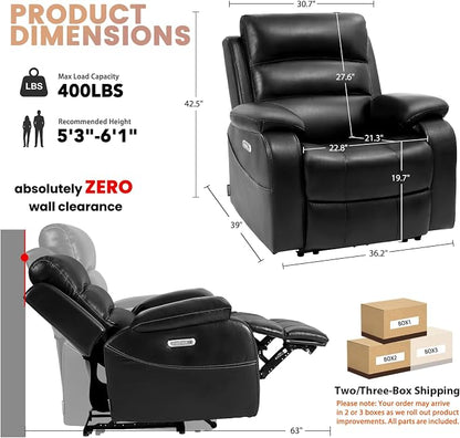 EONIX Power Zero Wall Hugger Power Recliner Chair for Small Space RV Living Room,Power Recliner with Massage and Heat, USB & USB-C Charging Ports, SXXY003992, Black