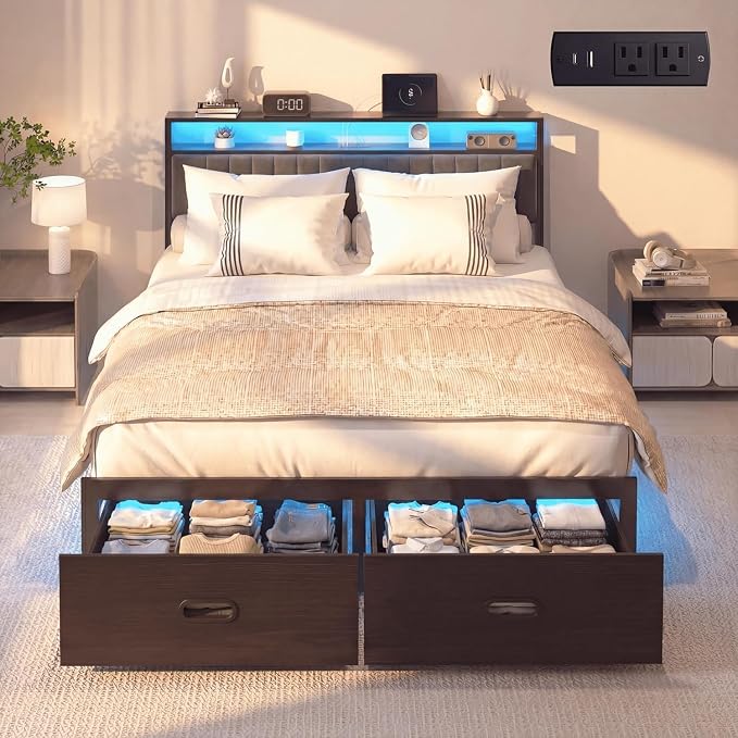 Queen Bed Frame with 2 Drawers, Platform Bed Frame with LED Lights and Charging Station, Upholstered Headboard, Heavy Duty Metal Slats, No Box Spring Needed, Noise Free, Easy Assembly