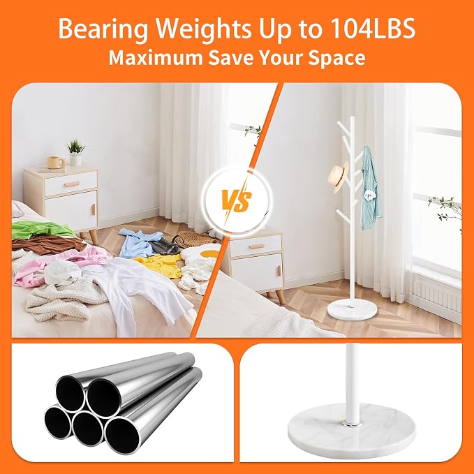 ZOZOE Metal Coat Rack Freestanding, Metal Coat Rack Stand with Natural Marble Base, Modern Coat Racks with 8 Hooks, White Coat Tree Hanger Stand for Jacket, Bag, Entryway, Office